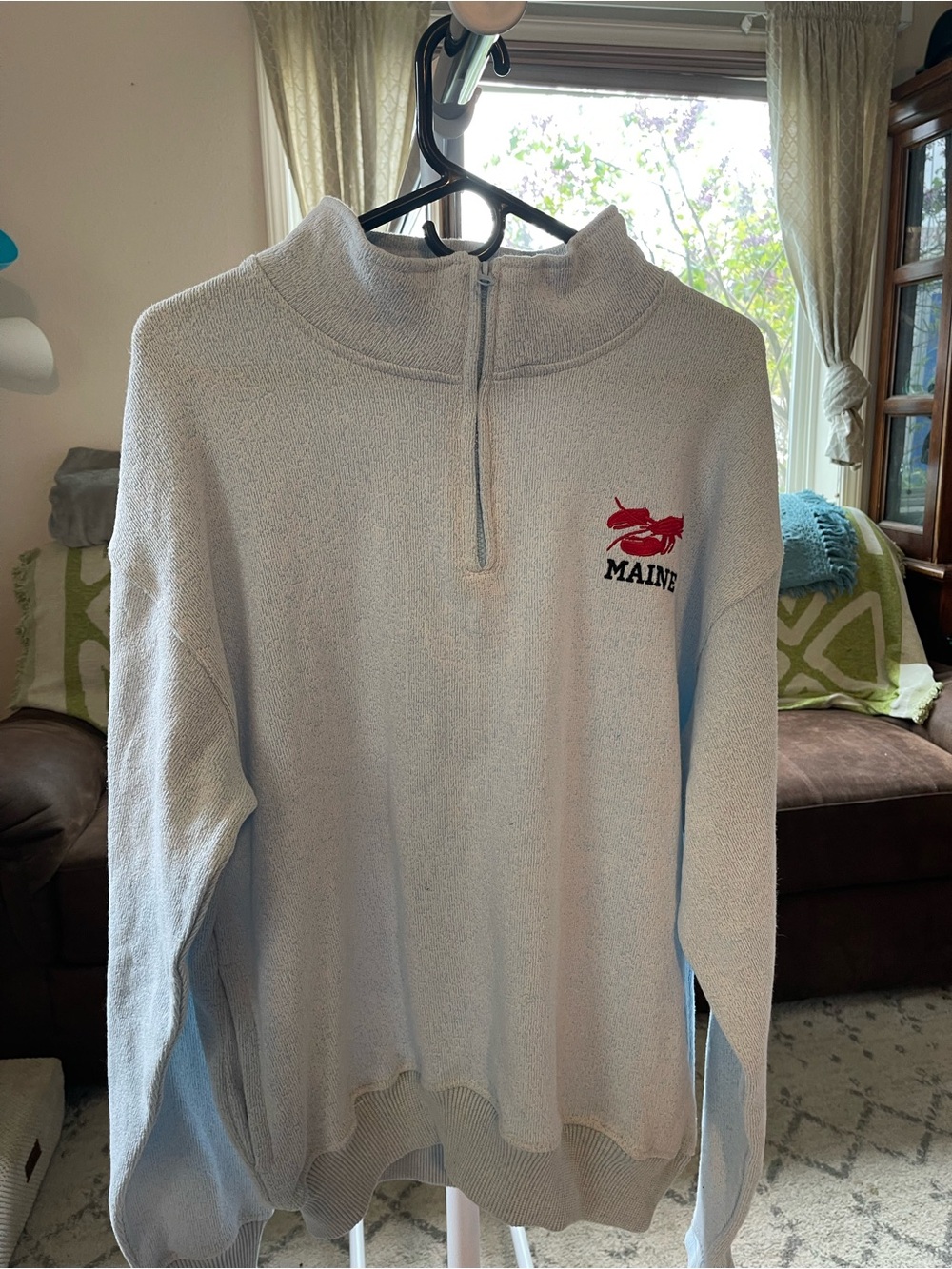 Maine Embroidered Light Blue Quarter-Zip Sweater